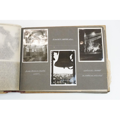 212 - A mid 20th century Israel olive wood photograph album with depiction of the Citadel in Jerusalem to ... 