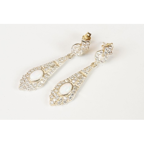 247 - Pair of silver CZ and opal panelled drop earrings