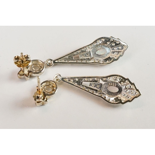 247 - Pair of silver CZ and opal panelled drop earrings