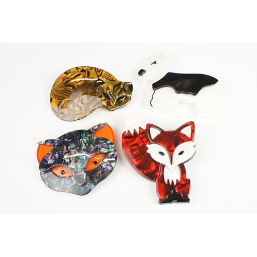 263 - A collection of four Lea Stein style brooches to include dog, Cat and Fox examples.