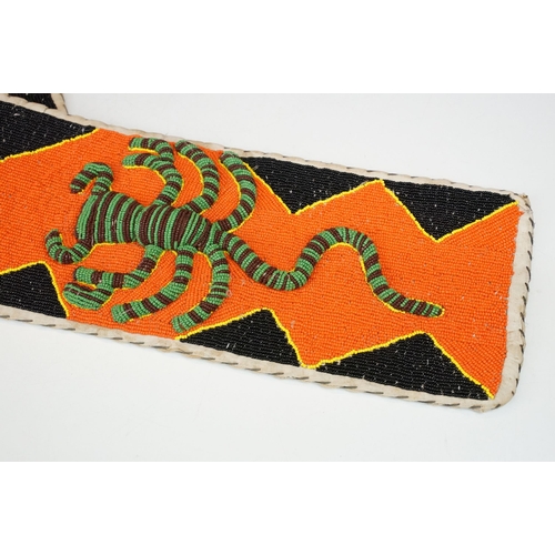 322 - African ceremonial beaded diviners sash with patterns and animals, H 128cm W 17cm