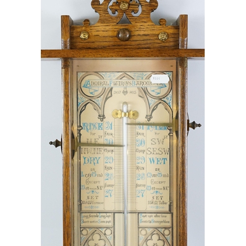 461 - Admiral Fitzroys oak cased barometer, with thermometer, the oak case with gilt metal finial and moun... 