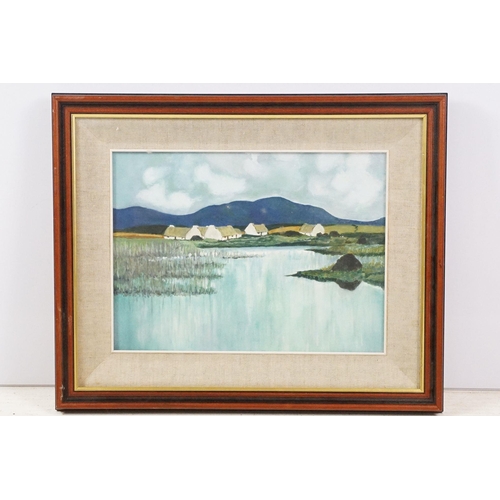 464 - 20th century Irish school, landscape scene with cottages by the water, oil on board, 28 x 38cm, fram... 