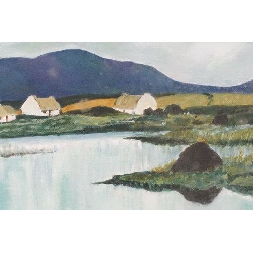 464 - 20th century Irish school, landscape scene with cottages by the water, oil on board, 28 x 38cm, fram... 