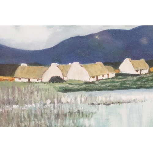 464 - 20th century Irish school, landscape scene with cottages by the water, oil on board, 28 x 38cm, fram... 