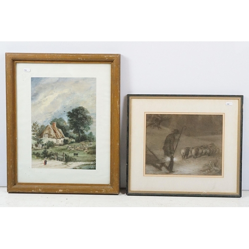 465 - Early 20th century English school, shepherd carrying a lantern herding his sheep, pastel, 22.5 x 28c... 