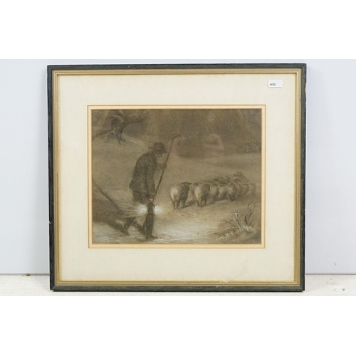 465 - Early 20th century English school, shepherd carrying a lantern herding his sheep, pastel, 22.5 x 28c... 