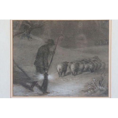 465 - Early 20th century English school, shepherd carrying a lantern herding his sheep, pastel, 22.5 x 28c... 