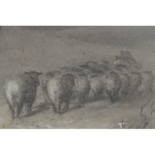 465 - Early 20th century English school, shepherd carrying a lantern herding his sheep, pastel, 22.5 x 28c... 