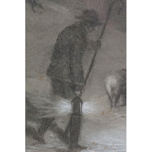 465 - Early 20th century English school, shepherd carrying a lantern herding his sheep, pastel, 22.5 x 28c... 