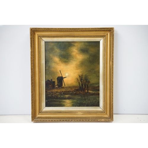 469 - 19th century country landscape, view of a Suffolk mill by moonlight, oil on canvas, inscribed verso ... 