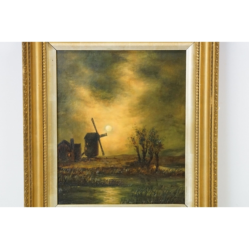 469 - 19th century country landscape, view of a Suffolk mill by moonlight, oil on canvas, inscribed verso ... 