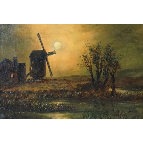 469 - 19th century country landscape, view of a Suffolk mill by moonlight, oil on canvas, inscribed verso ... 