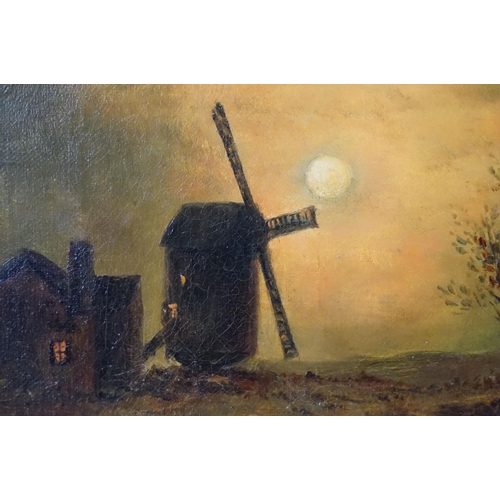 469 - 19th century country landscape, view of a Suffolk mill by moonlight, oil on canvas, inscribed verso ... 