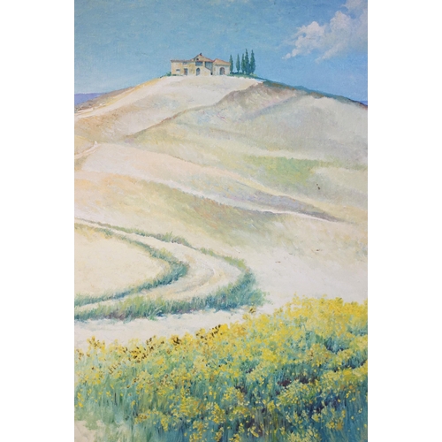 470 - Frederick Lloyd (20th century), a hilltop Tuscan farmhouse in Summer, oil on board, 45 x 35.5cm, gil... 