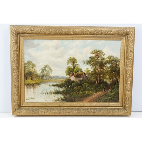 471 - George Sinclaire, rural landscape with house by a river, oil on canvas, signed lower left, 48.5 x 73... 