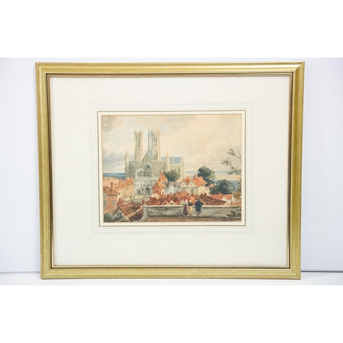 475 - Early 19th century an extensive view of Lincoln Cathedral with figures in foreground, watercolour, t... 