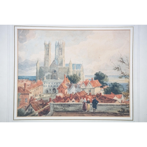 475 - Early 19th century an extensive view of Lincoln Cathedral with figures in foreground, watercolour, t... 