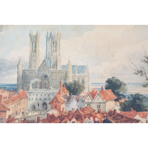 475 - Early 19th century an extensive view of Lincoln Cathedral with figures in foreground, watercolour, t... 