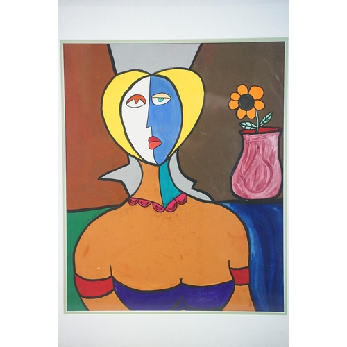 476 - Homage to Pablo Picasso, portrait of a lady and flower in a vase, watercolour / pastel, 45 x 37cm, f... 