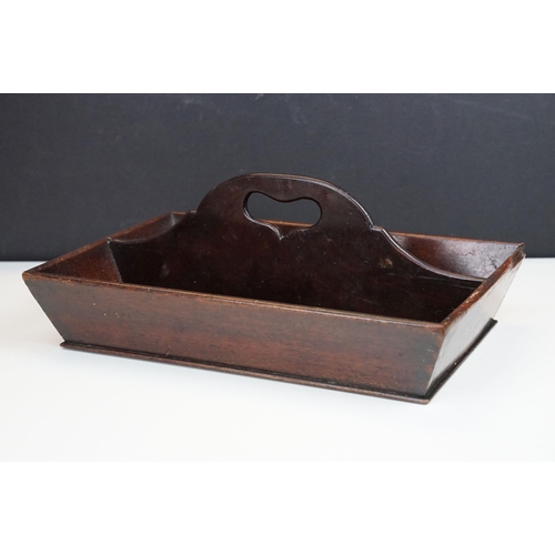 166 - 19th century mahogany two section cutlery tray with shaped pierced handle, 37cm long