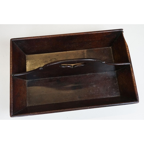 166 - 19th century mahogany two section cutlery tray with shaped pierced handle, 37cm long