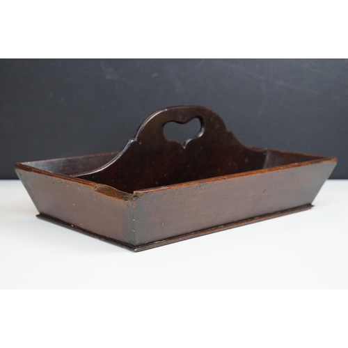 166 - 19th century mahogany two section cutlery tray with shaped pierced handle, 37cm long