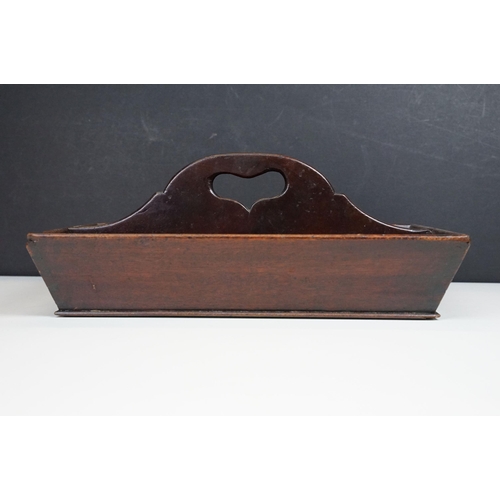 166 - 19th century mahogany two section cutlery tray with shaped pierced handle, 37cm long