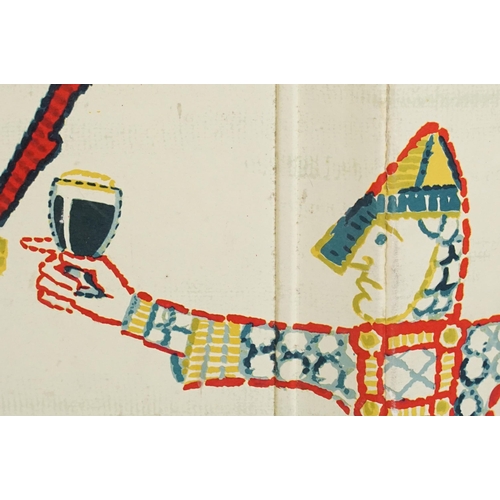 170 - Vintage Guinness advertising board printed with the Bayeux tapestry holding Guinness glasses, marked... 