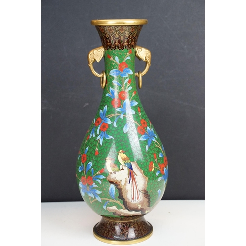 173 - Japanese cloisonne vase with gilt elephant handle and decorated with flower and Hoho bird design