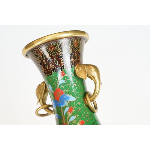 173 - Japanese cloisonne vase with gilt elephant handle and decorated with flower and Hoho bird design