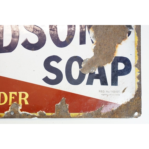 176 - Original Hudson's Soap enamel sign reading 'for the people, in packets, in fine powder'. Marked with... 