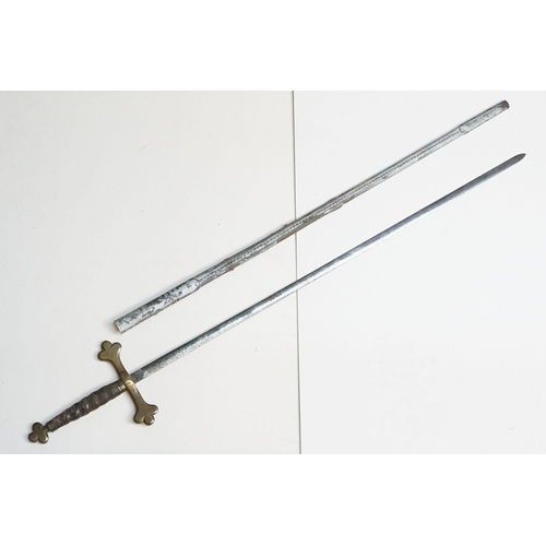 296 - An early to mid 20th century court sword, brass finial and cross guard with leather grip and scabbar... 