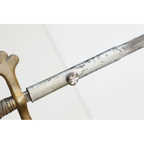 296 - An early to mid 20th century court sword, brass finial and cross guard with leather grip and scabbar... 