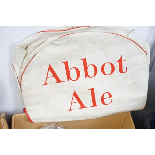 432 - Collection of Breweriana items to include an Abbots ale cask cover, Wadworth overalls and a large qu... 