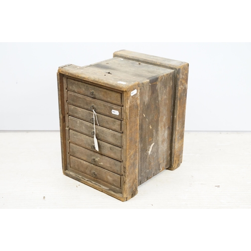 441 - Small vintage chest of drawers containing wood working tools, H 36cm, W 27cm,  D 31cm