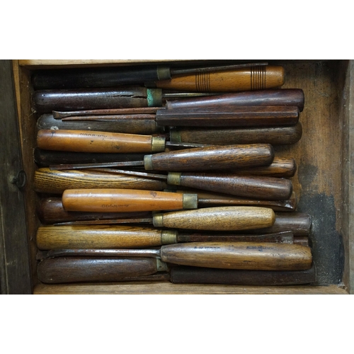 441 - Small vintage chest of drawers containing wood working tools, H 36cm, W 27cm,  D 31cm