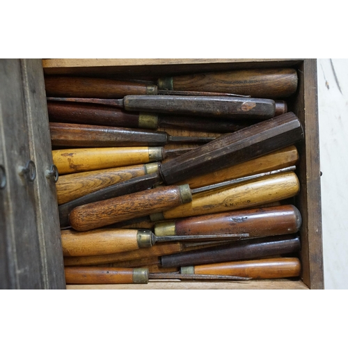 441 - Small vintage chest of drawers containing wood working tools, H 36cm, W 27cm,  D 31cm