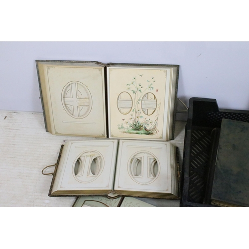 353 - Collection of Victorian vacant photograph albums, mostly leather bound with illustrations to pages w... 