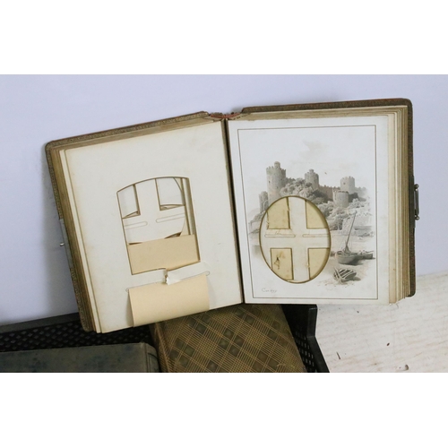 353 - Collection of Victorian vacant photograph albums, mostly leather bound with illustrations to pages w... 