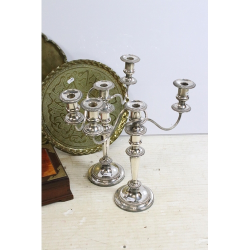 409 - Pair of three branch silver plate candlesticks, Asian ornate etched brass jewellery case, two large ... 