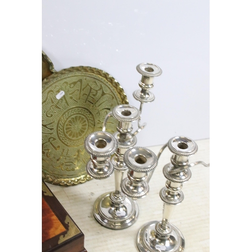 409 - Pair of three branch silver plate candlesticks, Asian ornate etched brass jewellery case, two large ... 