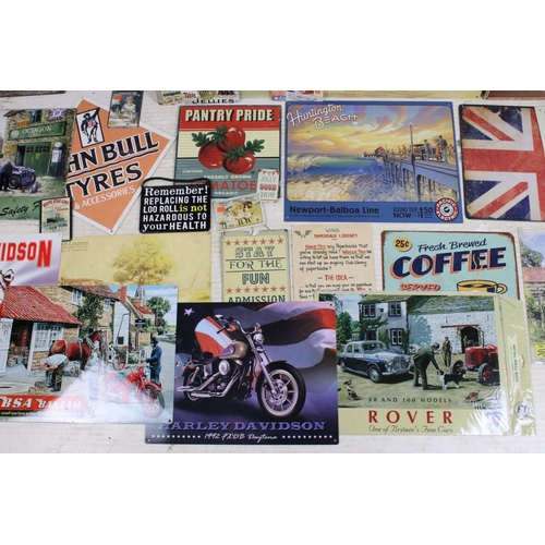 410 - Collection of metal reproduction vintage signs to include Rowntree's, John Bull tyres and Rover exam... 