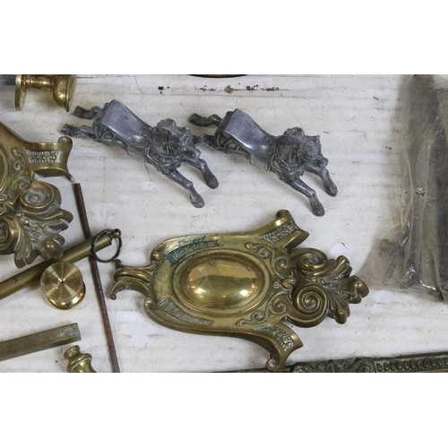 411 - Selection of brass items to include door knobs, scrolled furniture pediments, Salter hanging weighin... 