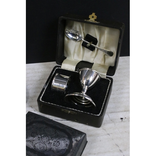 414 - Silver plate butterfly christening cup, boxed egg cup, spoon and napkin ring and child's teddy bear ... 