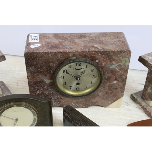 419 - Clocks, including: Art Deco slate and garnitures, 8 day travel clock etc