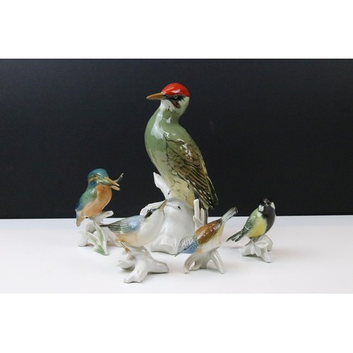 41 - Selection of five Karl Ens vintage 20th century German porcelain bird figurines, marked to underside... 