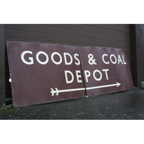 392 - Enamel Sign - Original GWR 'Goods & Coal Depot' British Railway enamel sign, on brown background, si... 