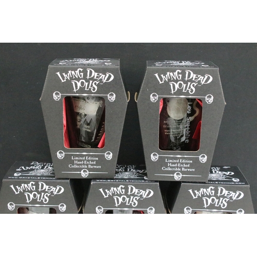 1445A - Five boxed Living Dead Dolls Ltd edn (94/666) Hand Etched Collectible Barware series II featuring Lo... 