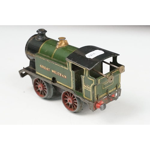 103 - Hornby O gauge clockwork 0-4-0 6600 Great Western Railway GWR Tank Locomotive in green, together wit... 